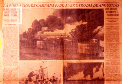 Recorte de un diario sobre el incendio en la Compañía Nacional de Petróleo en 1934