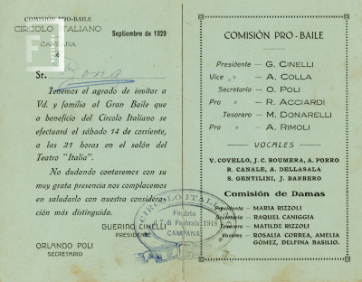 Interior de la invitación de la tarjeta de invitación del Gran Baile a beneficio del Círculo Italiano.