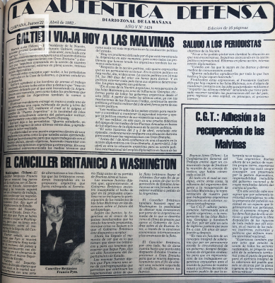 Portada del diario La Auténtica Defensa sobre la gesta de Malvinas 